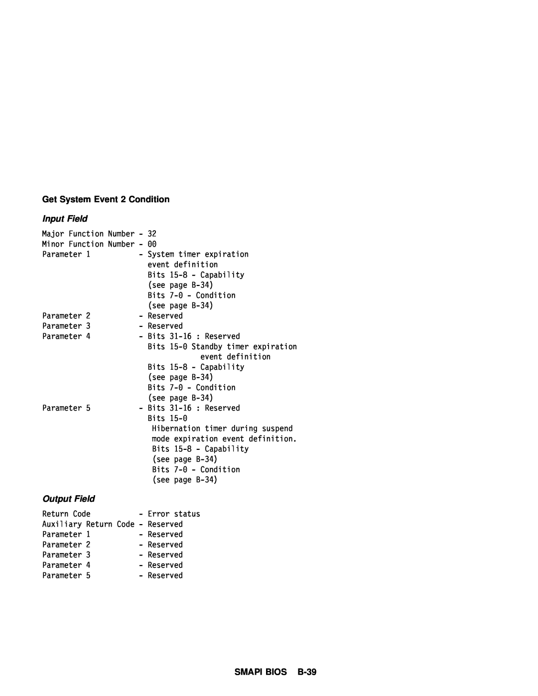 IBM 770 manual Condition, SMAPI BIOS B-39, Get System Event, Input Field, Output Field 