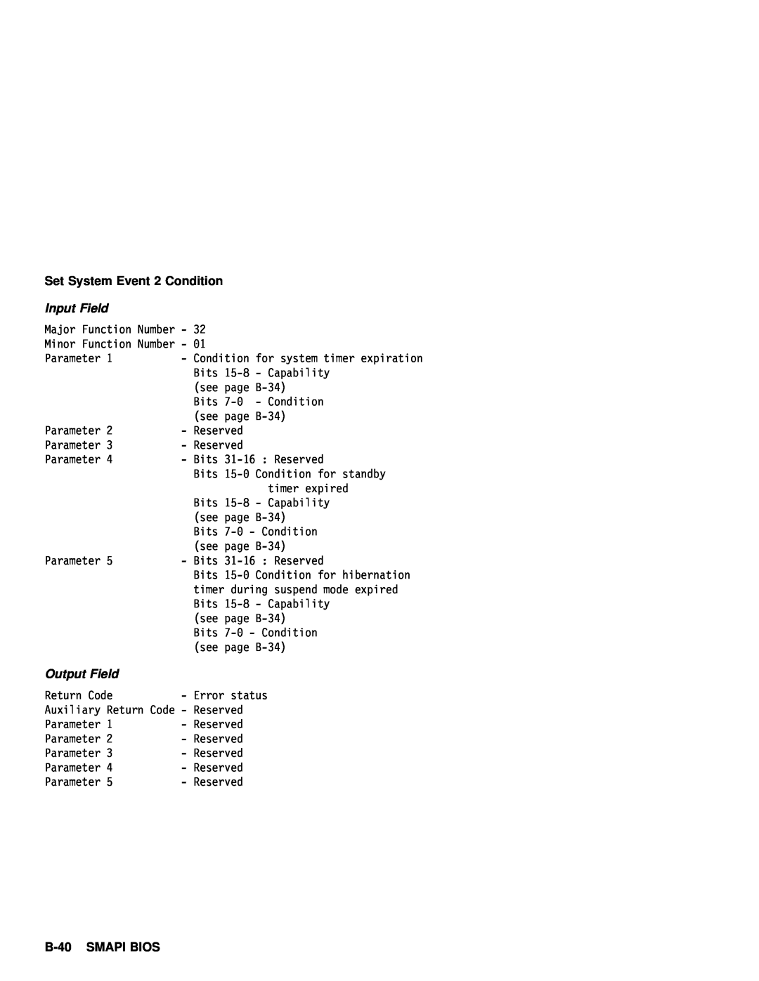 IBM 770 manual B-40, Set System Event, Condition, Input Field, Output Field 