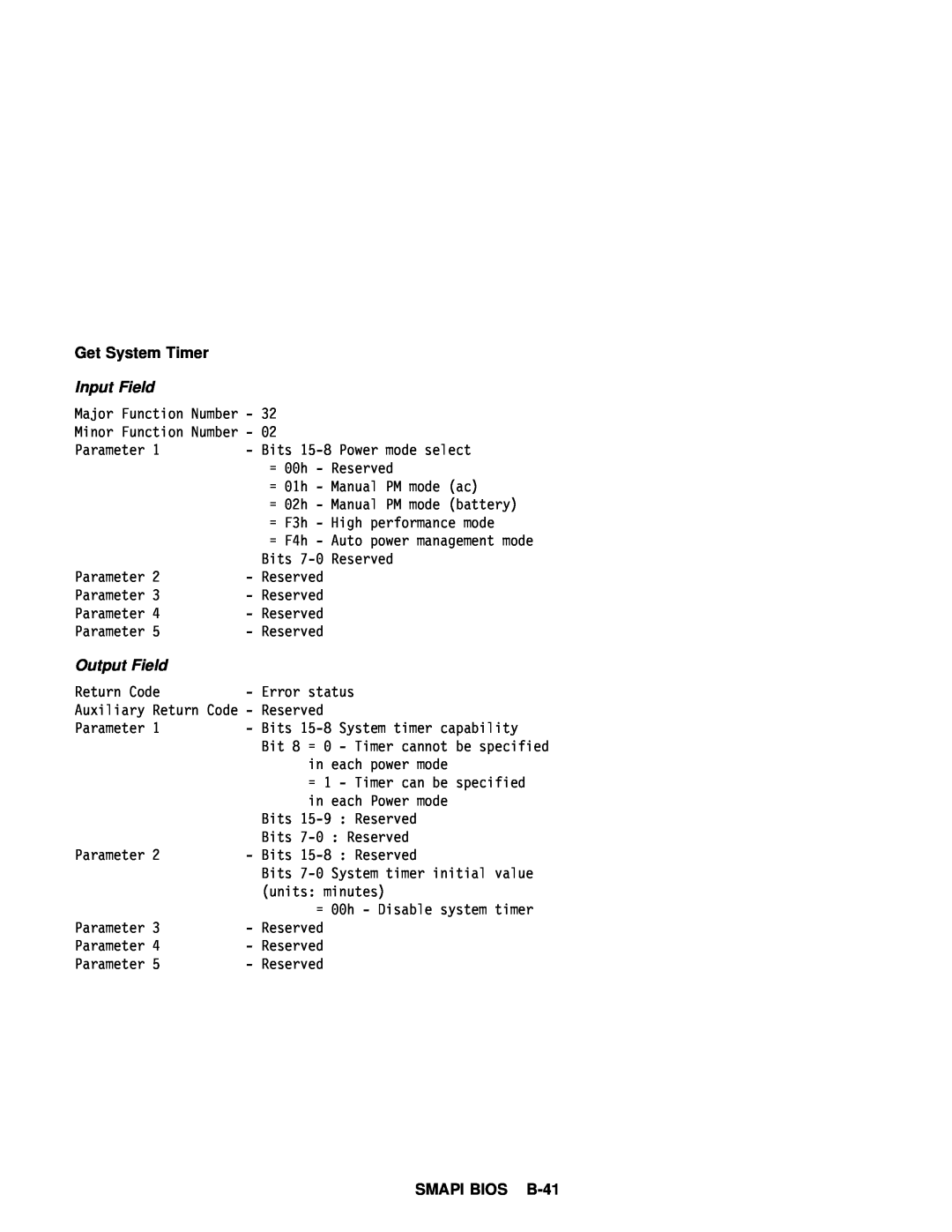 IBM 770 manual Get System Timer, SMAPI BIOS B-41, Input Field, Output Field 