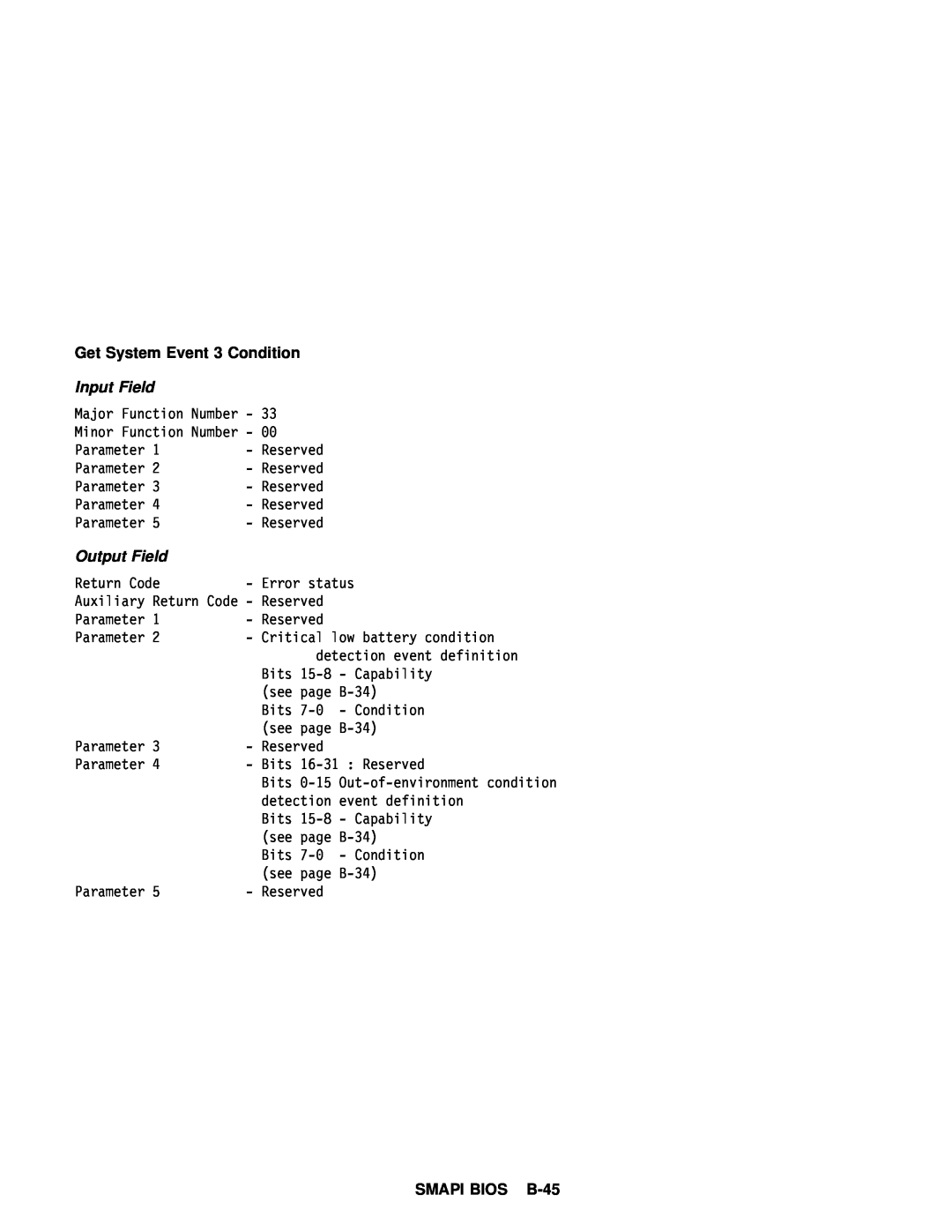 IBM 770 manual Condition, SMAPI BIOS B-45, Get System Event, Input Field, Output Field 