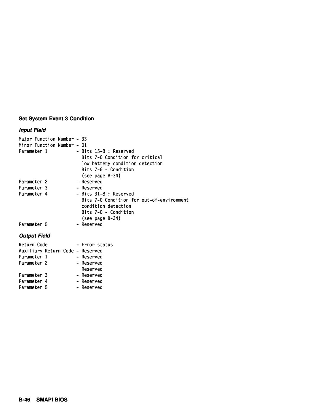 IBM 770 manual B-46, Set System Event, Condition, Input Field, Output Field 