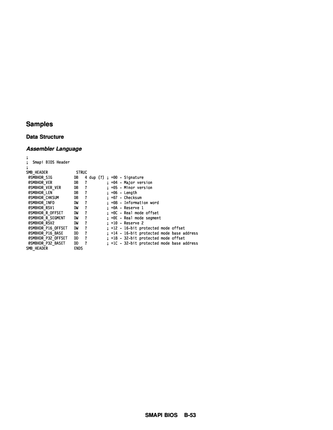 IBM 770 manual Samples, Data Structure, SMAPI BIOS B-53 