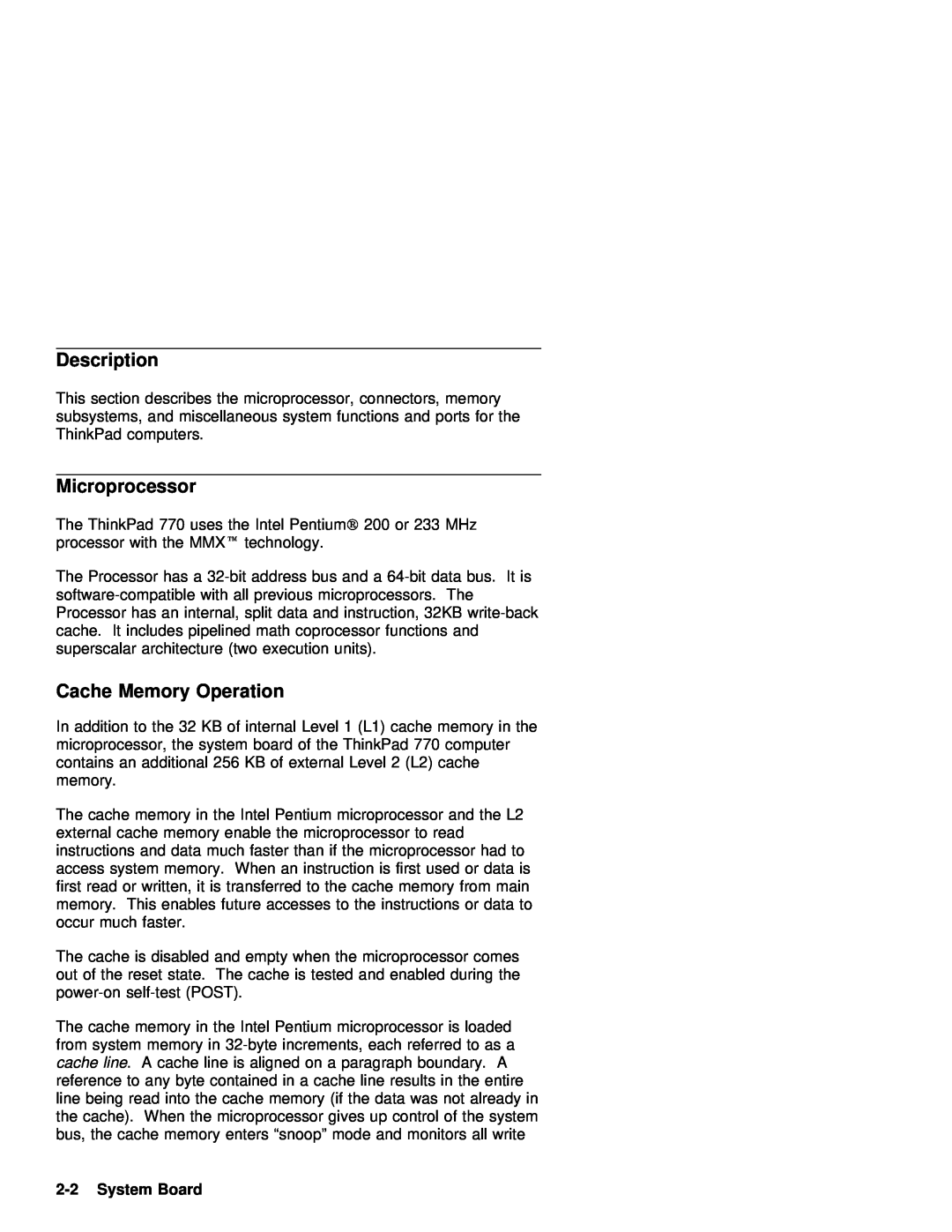 IBM 770 manual Microprocessor, Cache Memory Operation, System Board, Description 