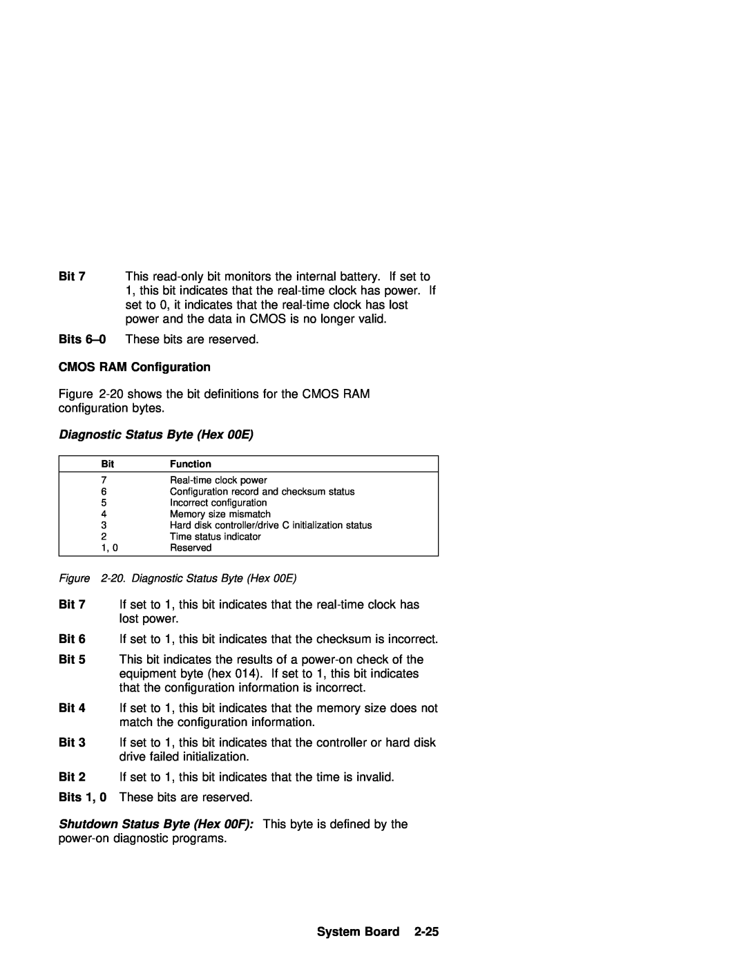 IBM 770 manual CMOS RAM Configuration, Bits, Byte Hex 00E, System Board, 20. Diagnostic, Status Byte 