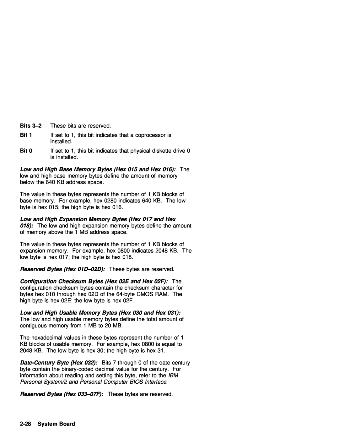 IBM 770 manual System Board, Bits, Expansion, Memory Bytes, Date-Century, Base, Usable 