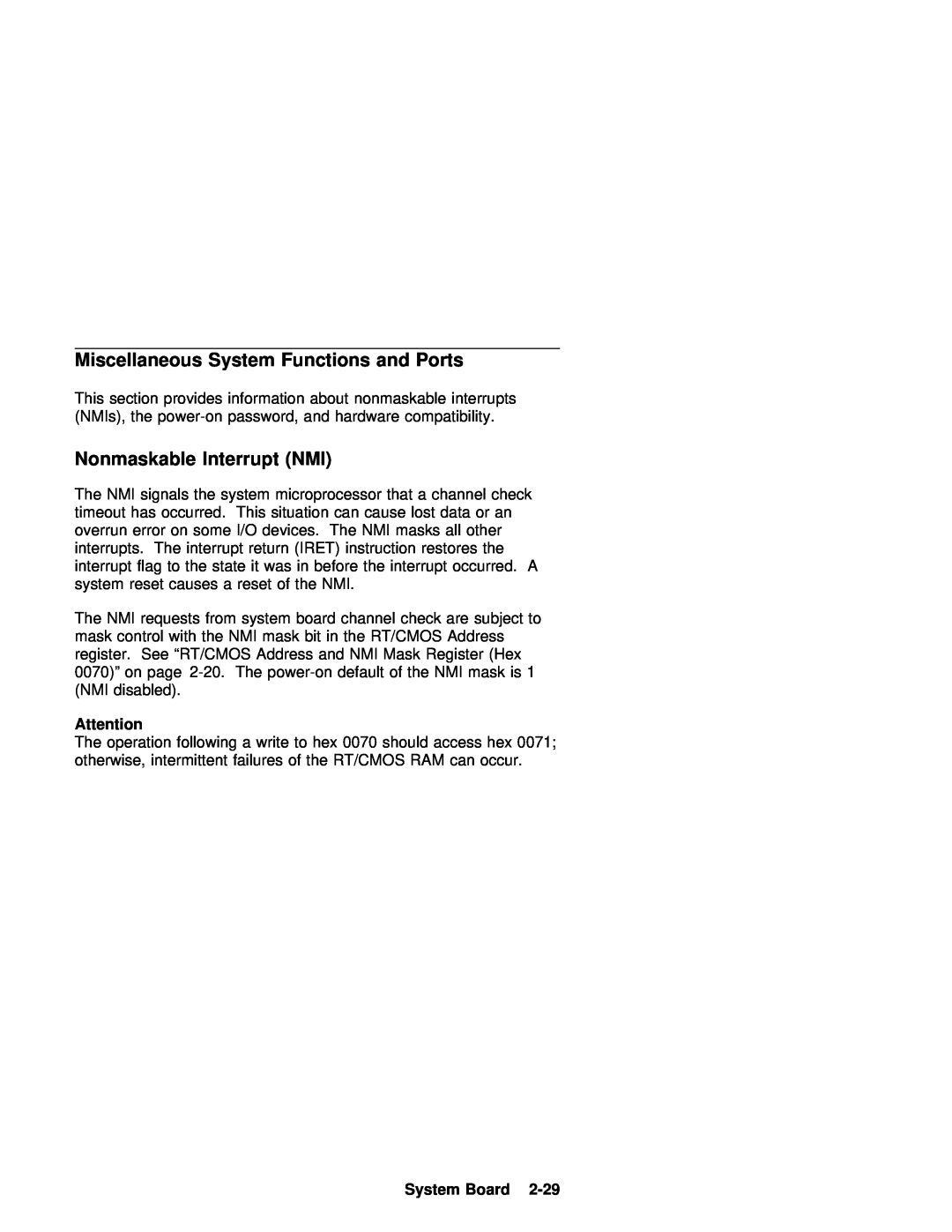 IBM 770 manual Miscellaneous System Functions and Ports, Nonmaskable Interrupt NMI, System Board 