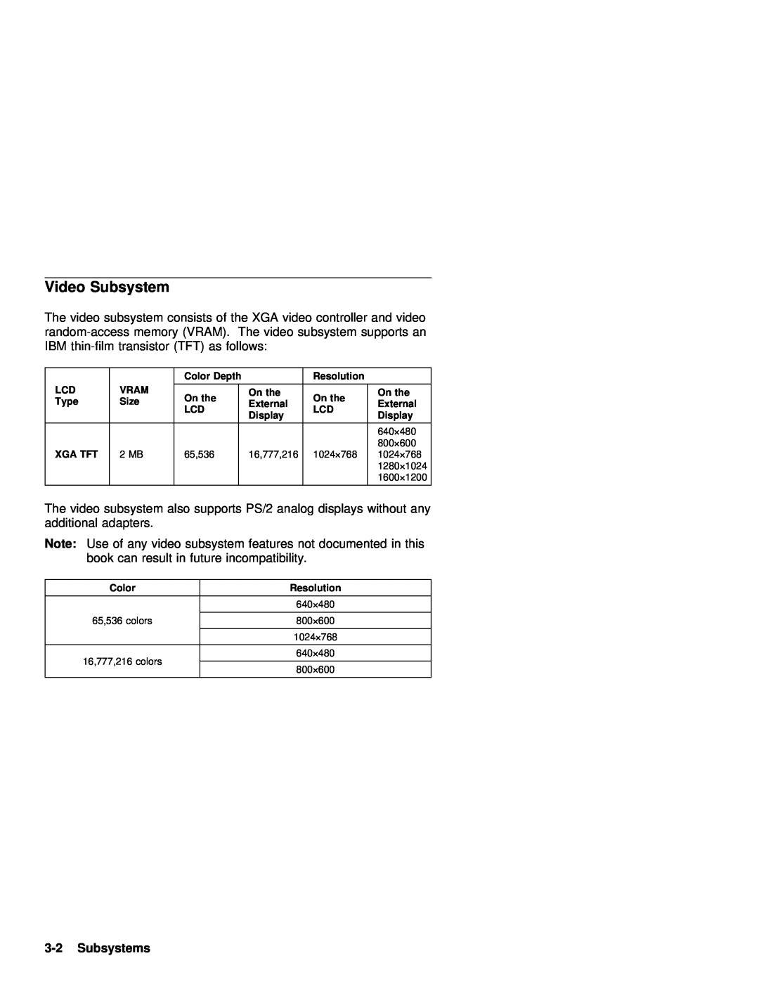 IBM 770 manual Video Subsystem, Note Use, Subsystems 