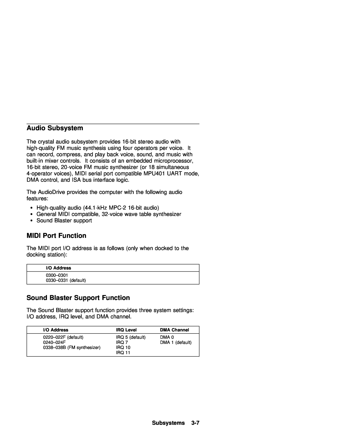 IBM 770 manual Audio Subsystem, MIDI Port Function, Sound Blaster Support Function, Subsystems, I/O Address, MPC-2 