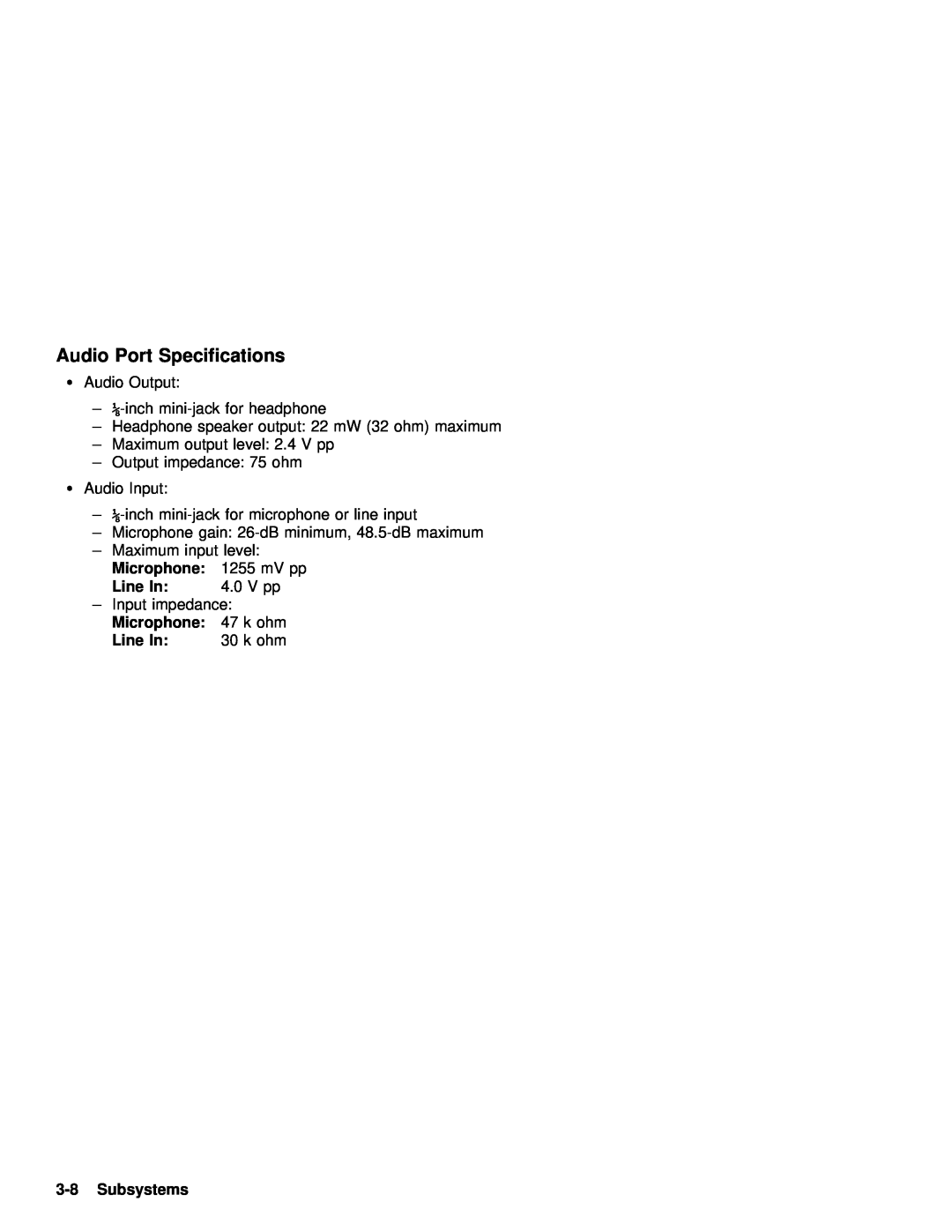 IBM 770 manual Audio Port Specifications, Line, Subsystems 