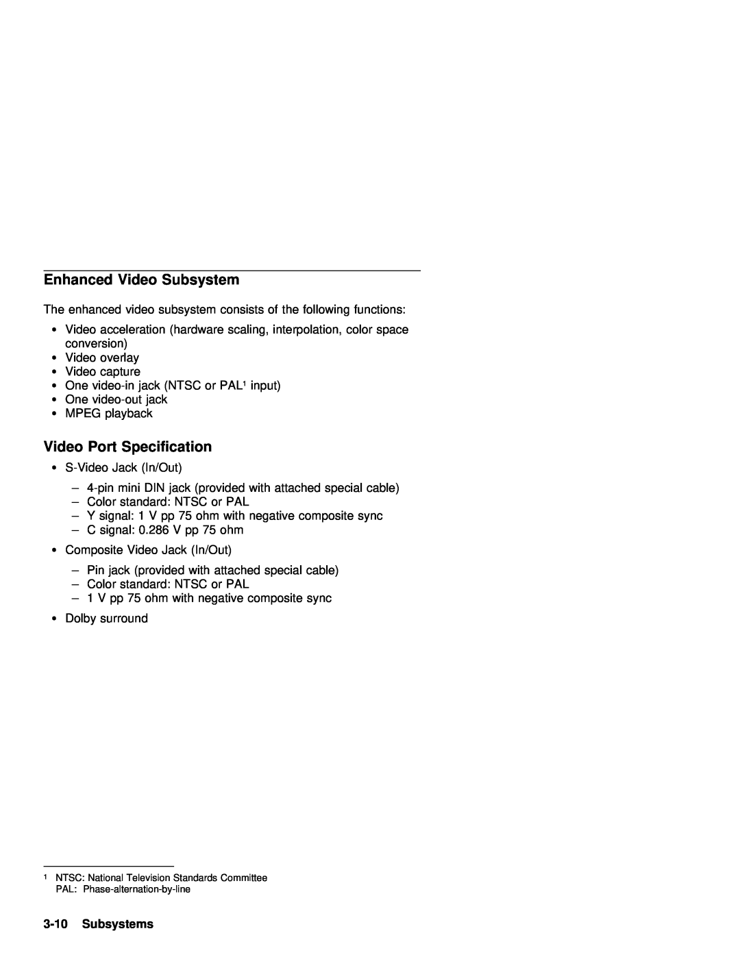 IBM 770 manual Enhanced Video Subsystem, Video Port Specification, Subsystems 