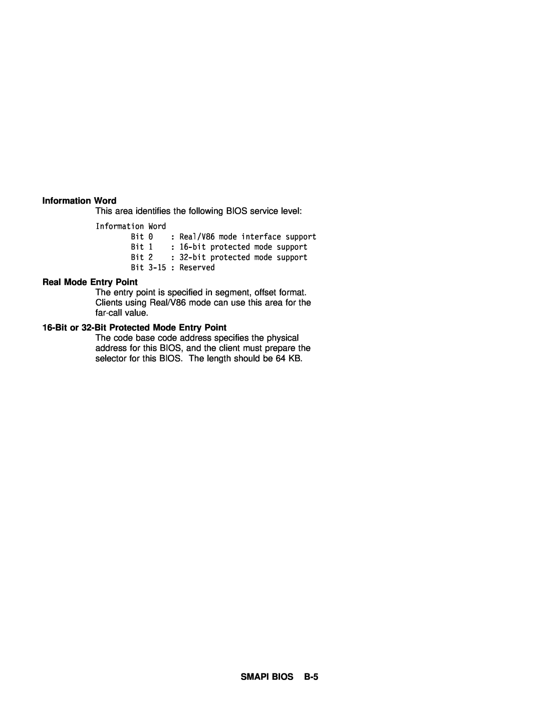 IBM 770 manual Information Word, Real Mode Entry Point, Bit or 32-Bit Protected, SMAPI BIOS B-5 