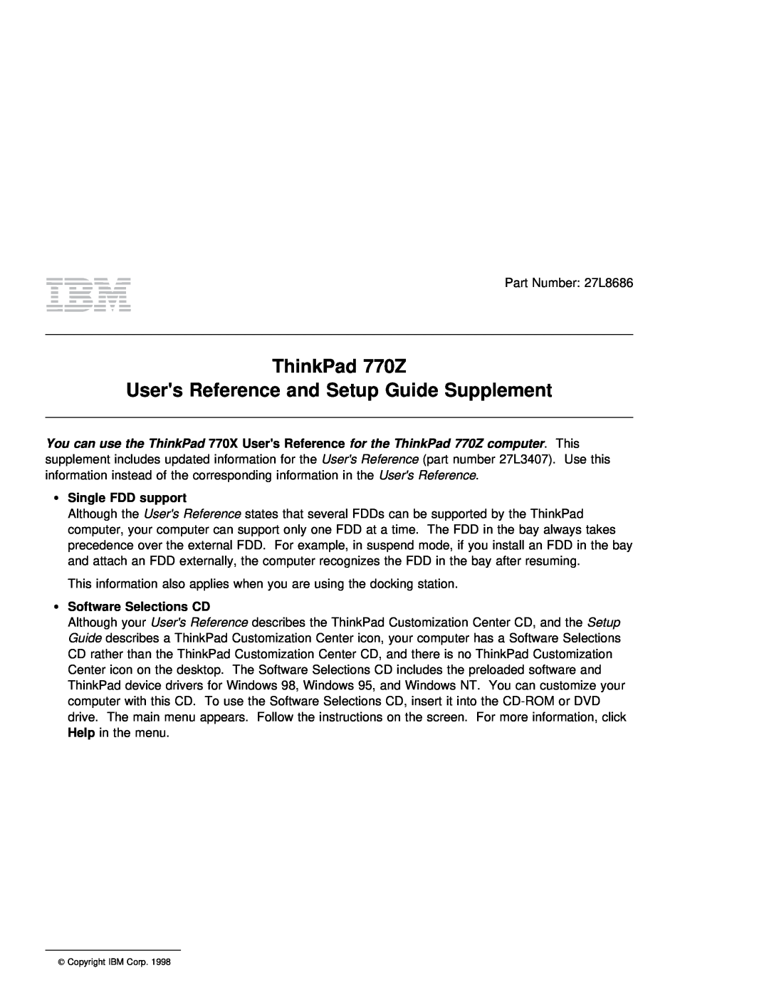 IBM 770Z setup guide Users, Supplement, Setup, Reference, Help 