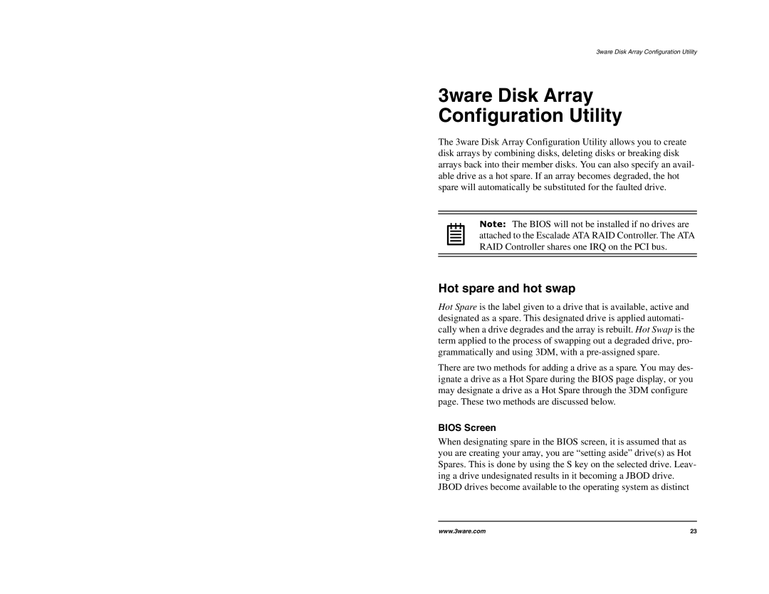 IBM 7000 Series, 8000 Series manual 3ware Disk Array Configuration Utility, Hot spare and hot swap, Bios Screen 