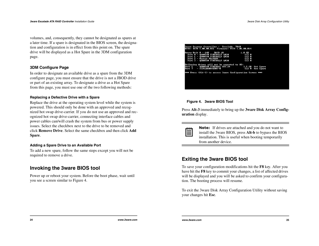 IBM 8000 Series, 7000 Series manual Invoking the 3ware Bios tool, Exiting the 3ware Bios tool, 3DM Configure 