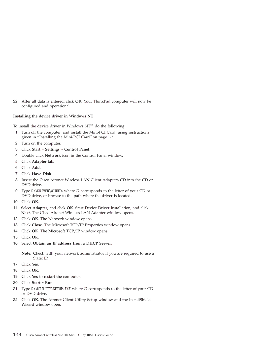 IBM 802.11B manual Installing the device driver in Windows NT, Click Start → Settings → Control Panel 