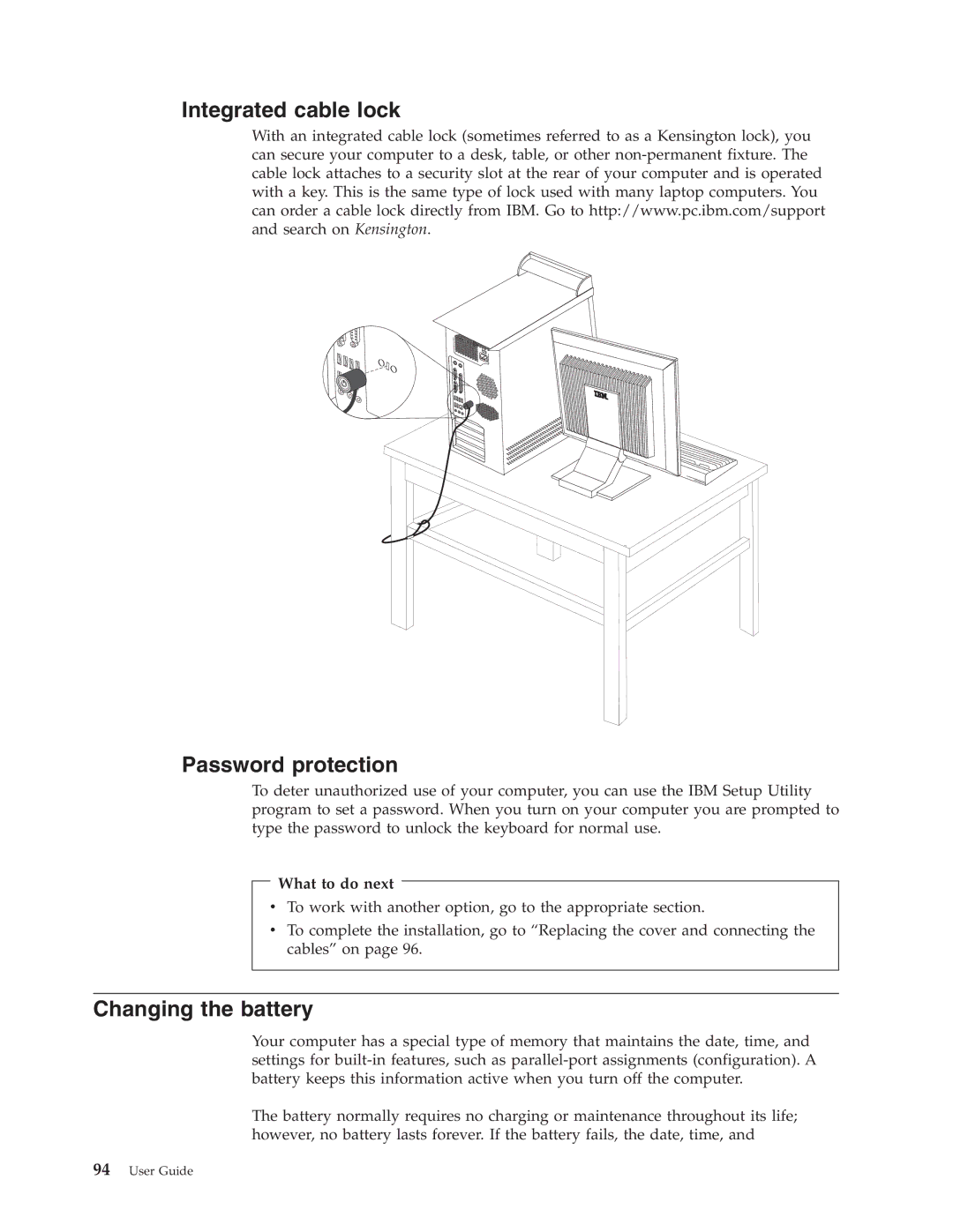 IBM 8188, 8128, 8185, 8189, 8186, 8187, 8190 manual Integrated cable lock Password protection 