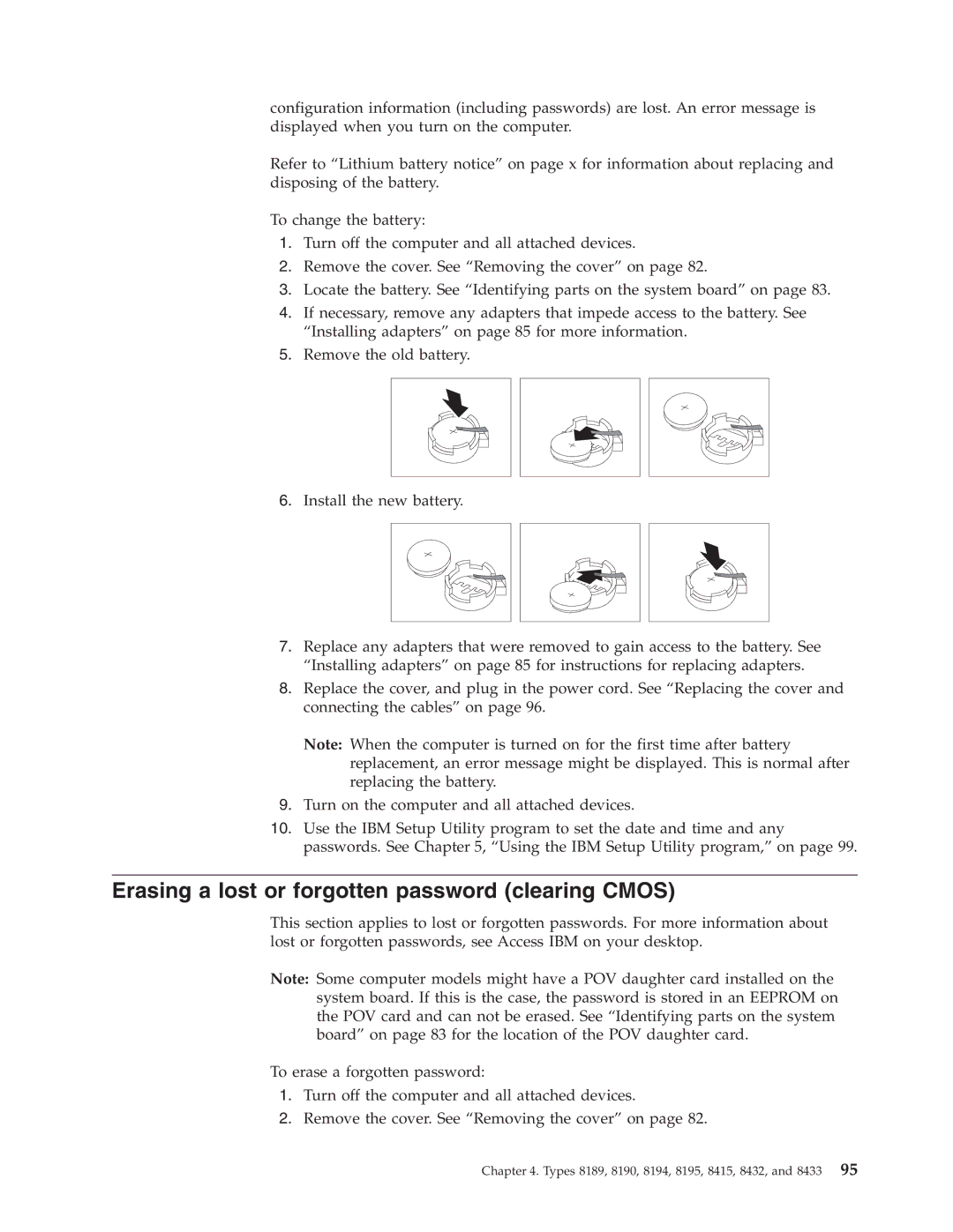 IBM 8190, 8128, 8185, 8189, 8186, 8187, 8188 manual Erasing a lost or forgotten password clearing Cmos 