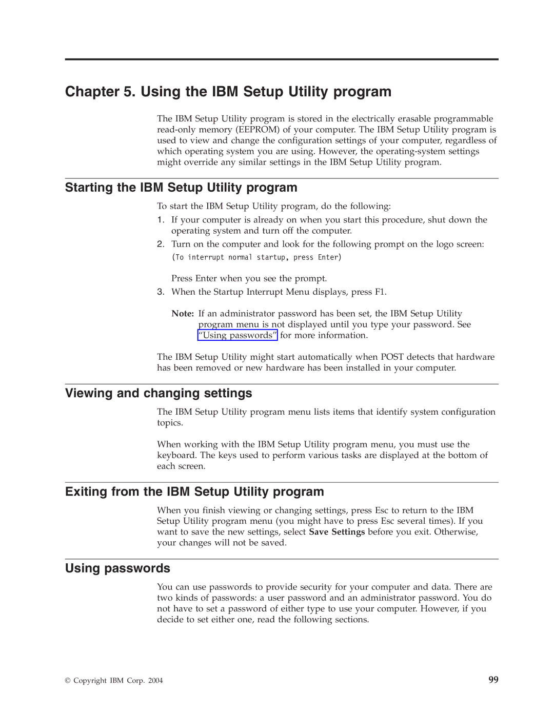 IBM 8186, 8128 Using the IBM Setup Utility program, Starting the IBM Setup Utility program, Viewing and changing settings 