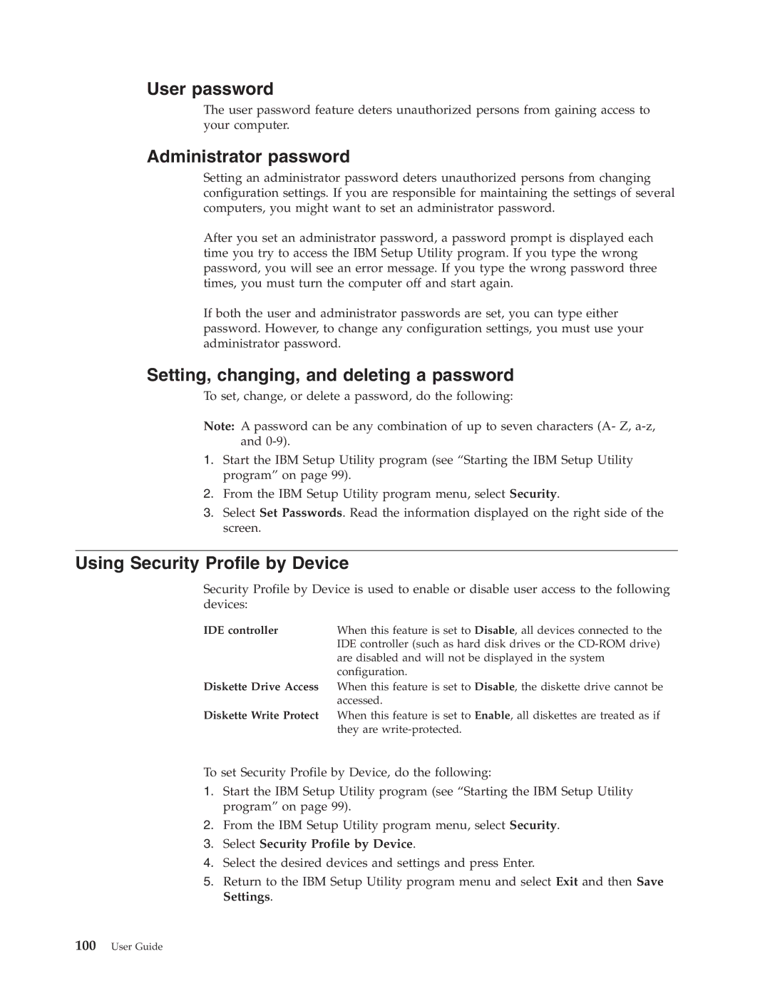 IBM 8187, 8128, 8185, 8189, 8186, 8188, 8190 User password, Administrator password, Setting, changing, and deleting a password 