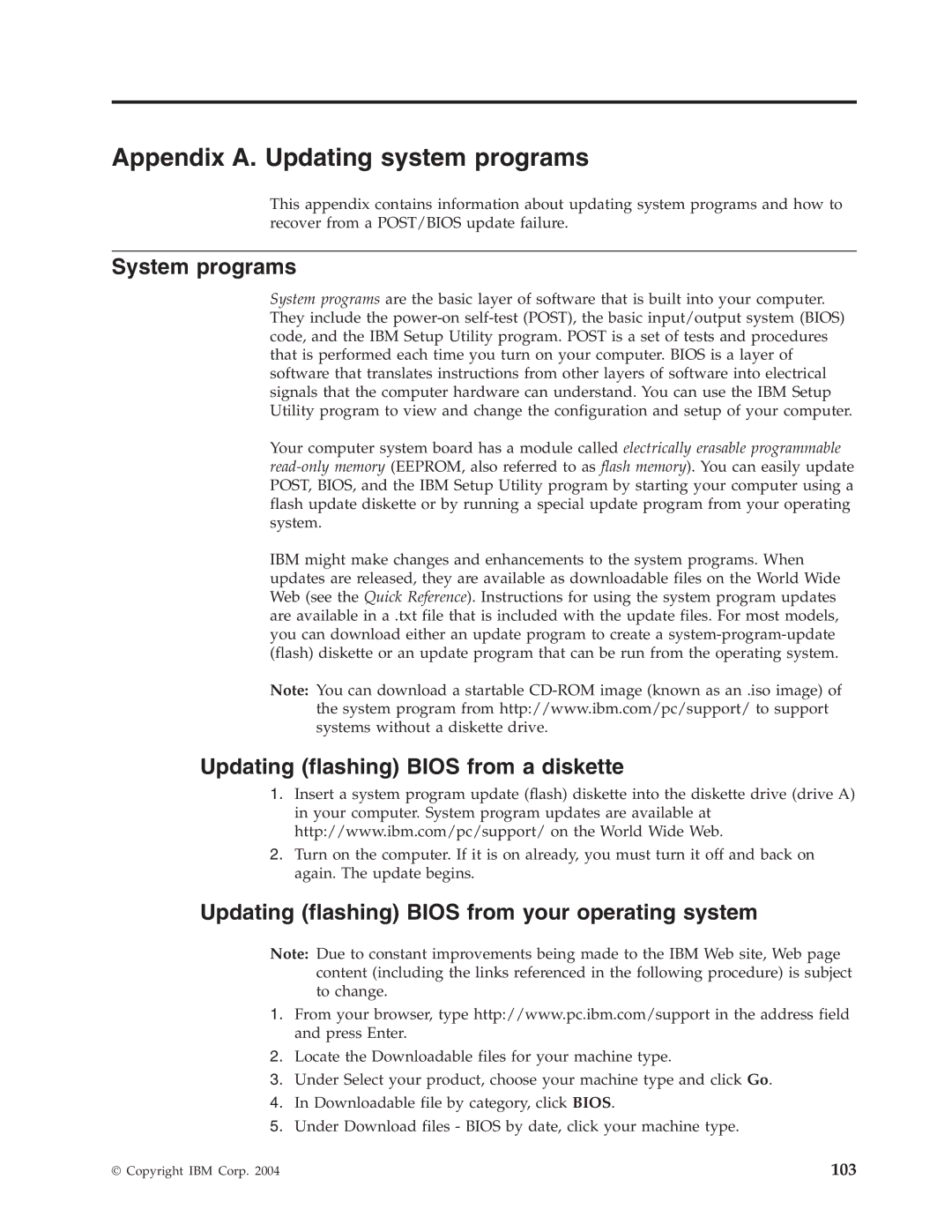 IBM 8128, 8185, 8189, 8186 Appendix A. Updating system programs, System programs, Updating flashing Bios from a diskette 