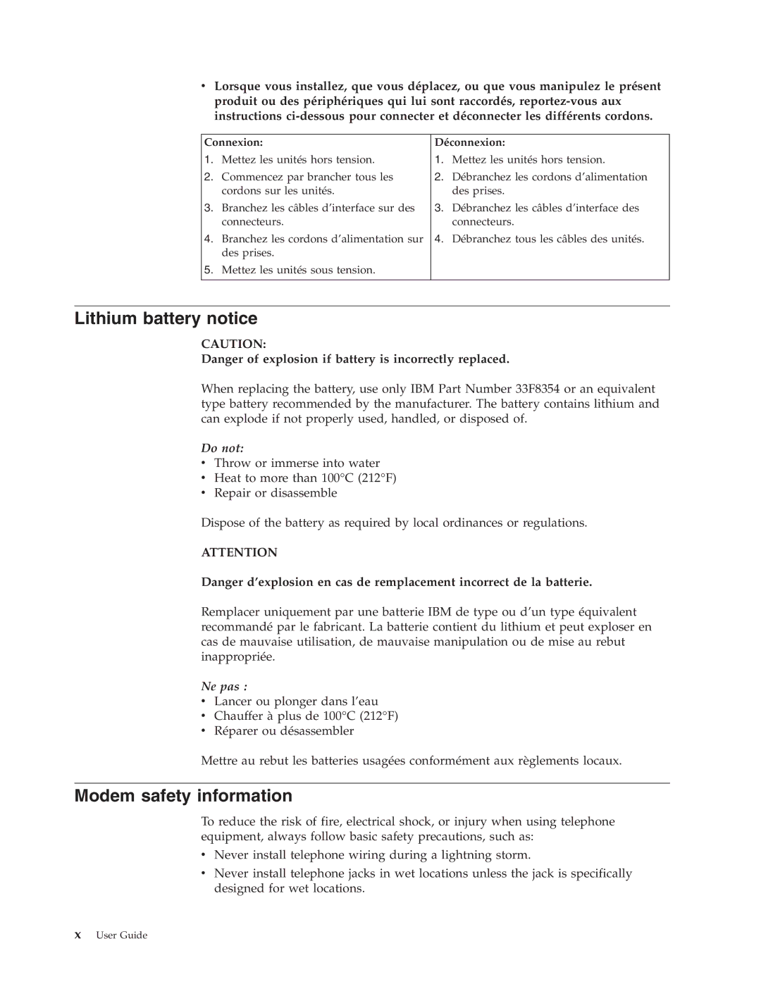 IBM 8188, 8128, 8185, 8189, 8186, 8187, 8190 manual Lithium battery notice, Modem safety information, Connexion Déconnexion 