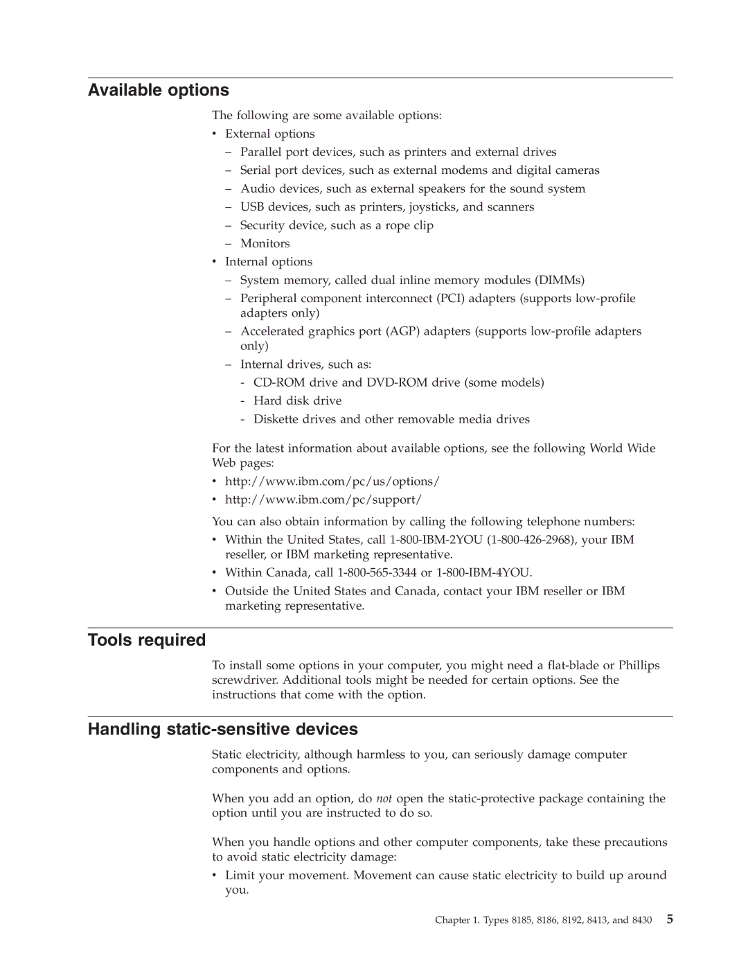 IBM 8128, 8185, 8189, 8186, 8187, 8188, 8190 manual Available options, Tools required, Handling static-sensitive devices 