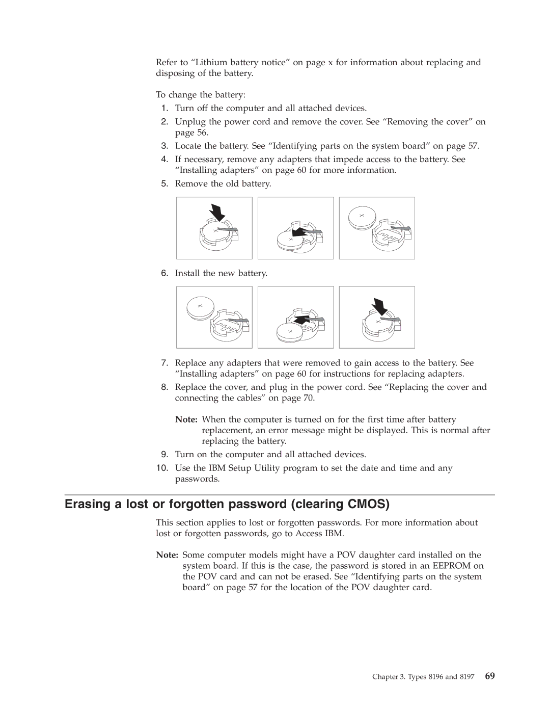 IBM 8185, 8128, 8189, 8186, 8187, 8188, 8190 manual Erasing a lost or forgotten password clearing Cmos 