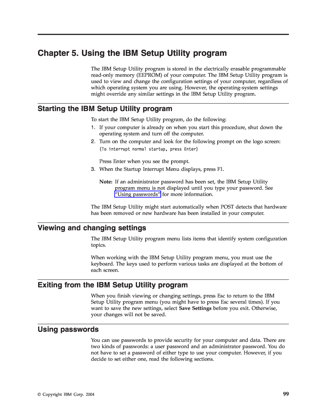 IBM 8186, 8128 Using the IBM Setup Utility program, Starting the IBM Setup Utility program, Viewing and changing settings 