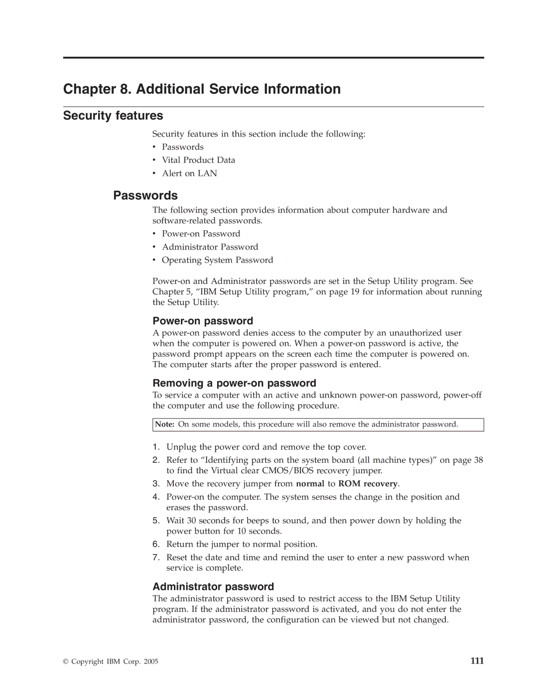 IBM 8187, 8128, 8185, 8189, 8195, 8186, 8191, 8188, 8197, 8193, 8194, 8192, 8190, 8196 manual Security features, Passwords 