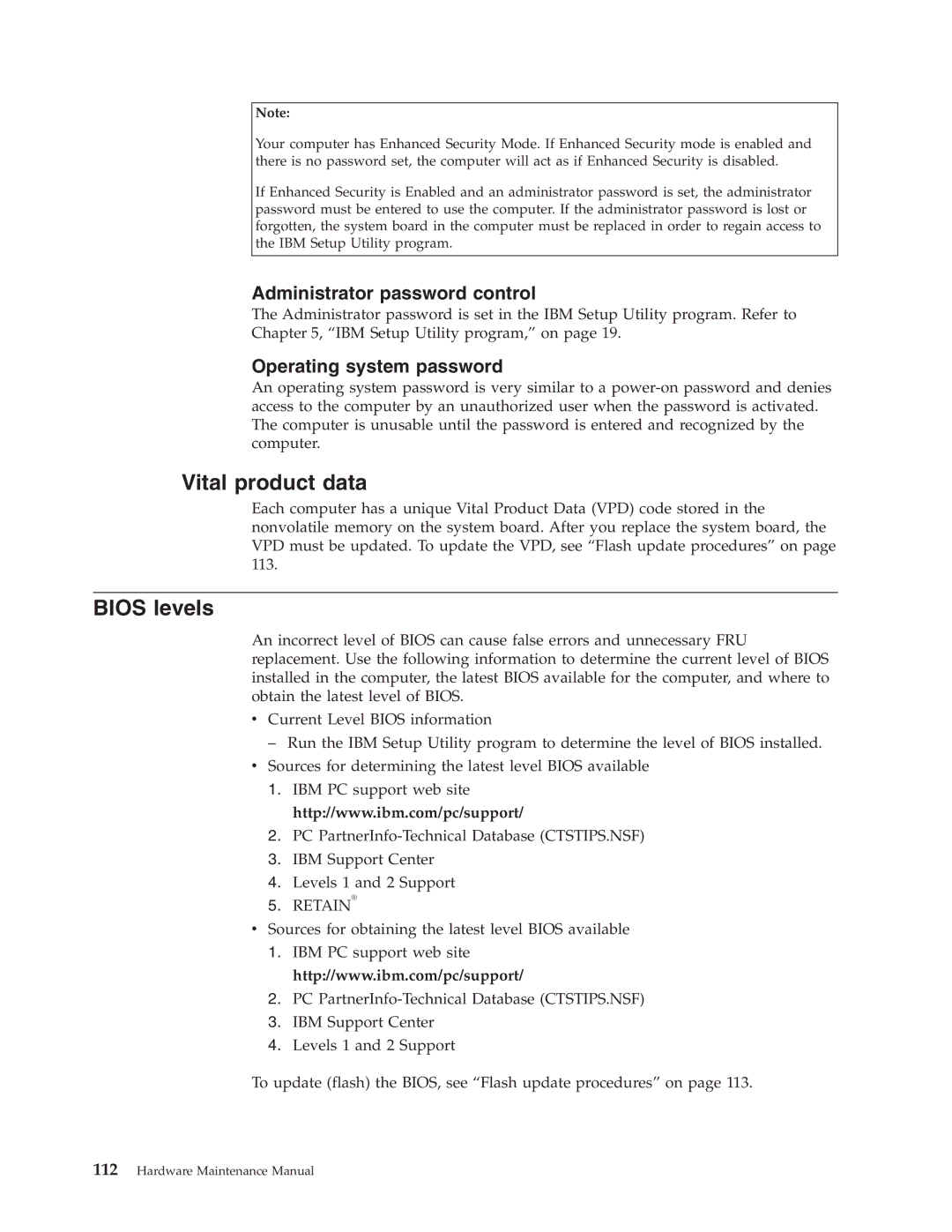 IBM 8191, 8128, 8185, 8189, 8195, 8186, 8187, 8188, 8197, 8193, 8194, 8192, 8190, 8196 manual Vital product data, Bios levels 