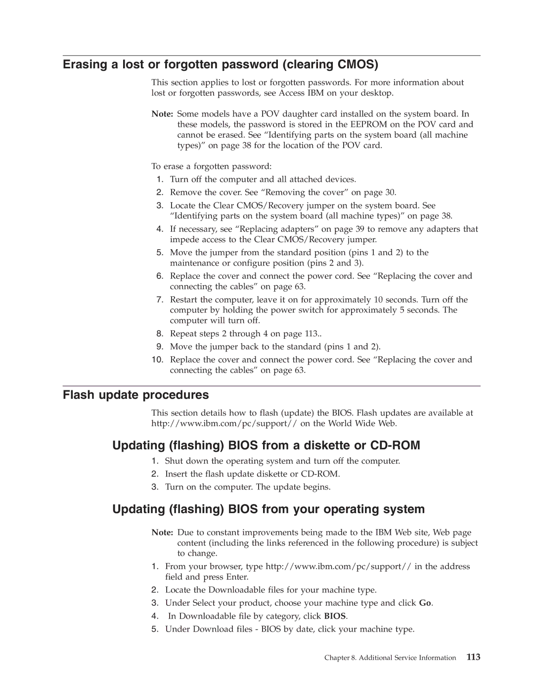 IBM 8188, 8128, 8185 Erasing a lost or forgotten password clearing Cmos, Updating flashing Bios from your operating system 