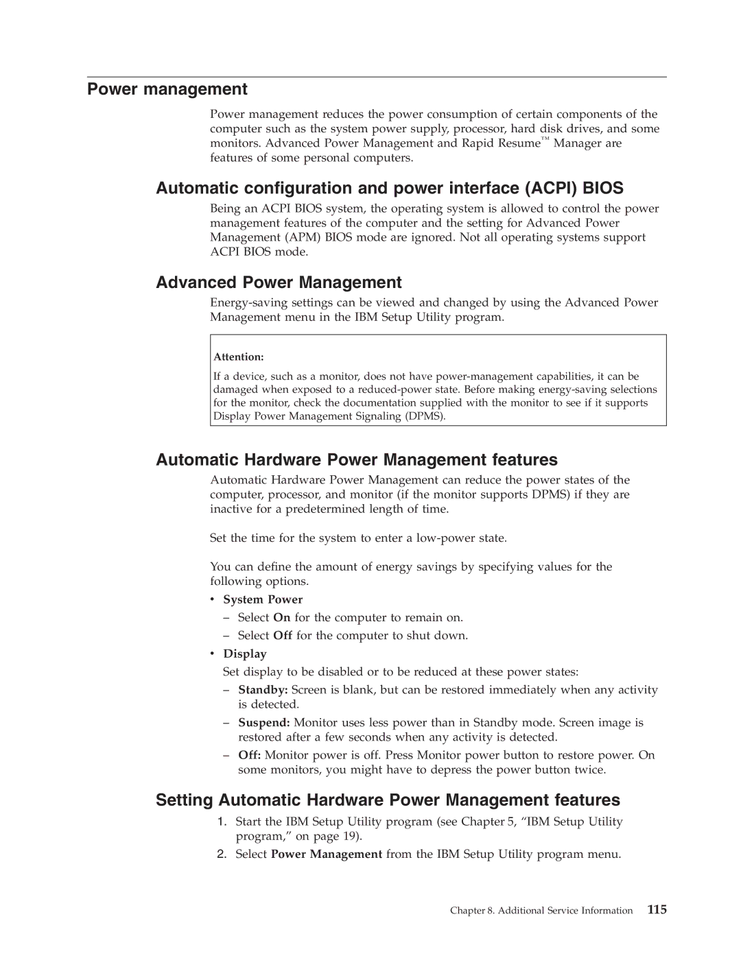 IBM 8193, 8128, 8185 Power management, Automatic configuration and power interface Acpi Bios, Advanced Power Management 