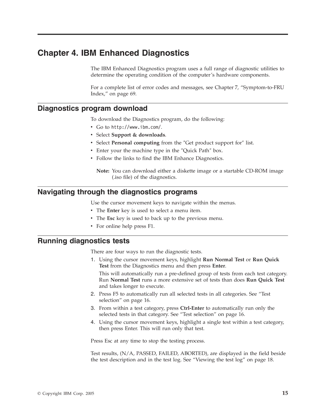 IBM 8188, 8128, 8185 Diagnostics program download, Navigating through the diagnostics programs, Running diagnostics tests 