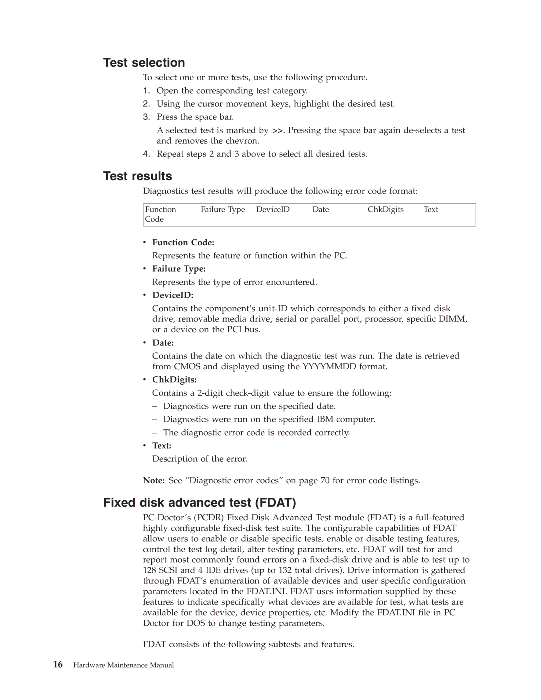 IBM 8197, 8128, 8185, 8189, 8195, 8186, 8187, 8191, 8188, 8193, 8194 Test selection, Test results, Fixed disk advanced test Fdat 