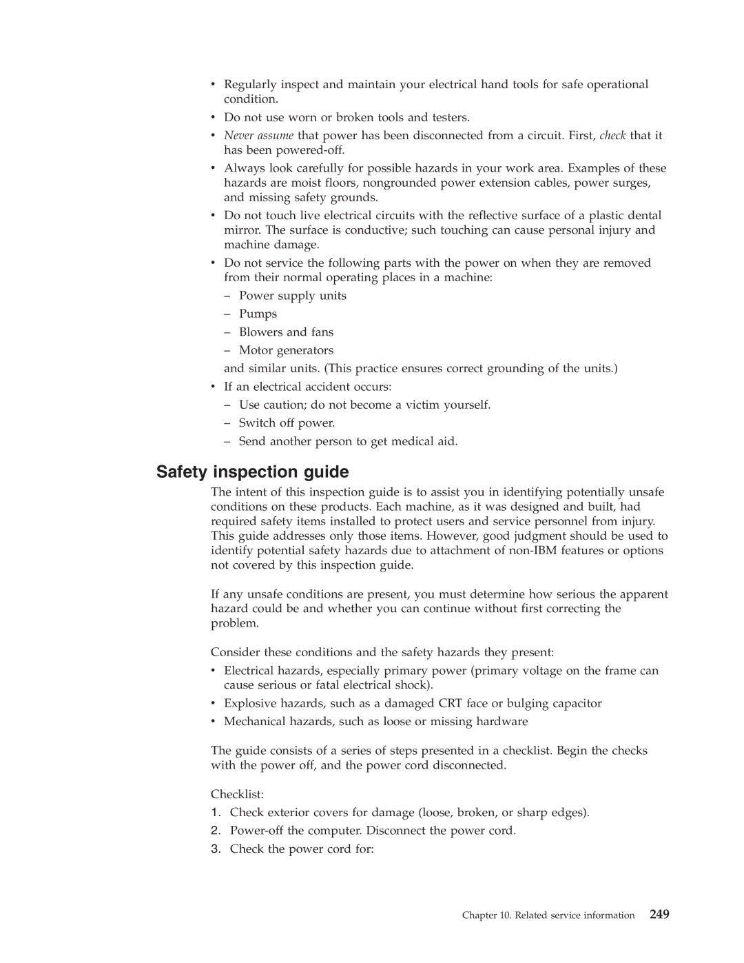 IBM 8195, 8128, 8185, 8189, 8186, 8187, 8191, 8188, 8197, 8193, 8194, 8192, 8190, 8196 manual Safety inspection guide 