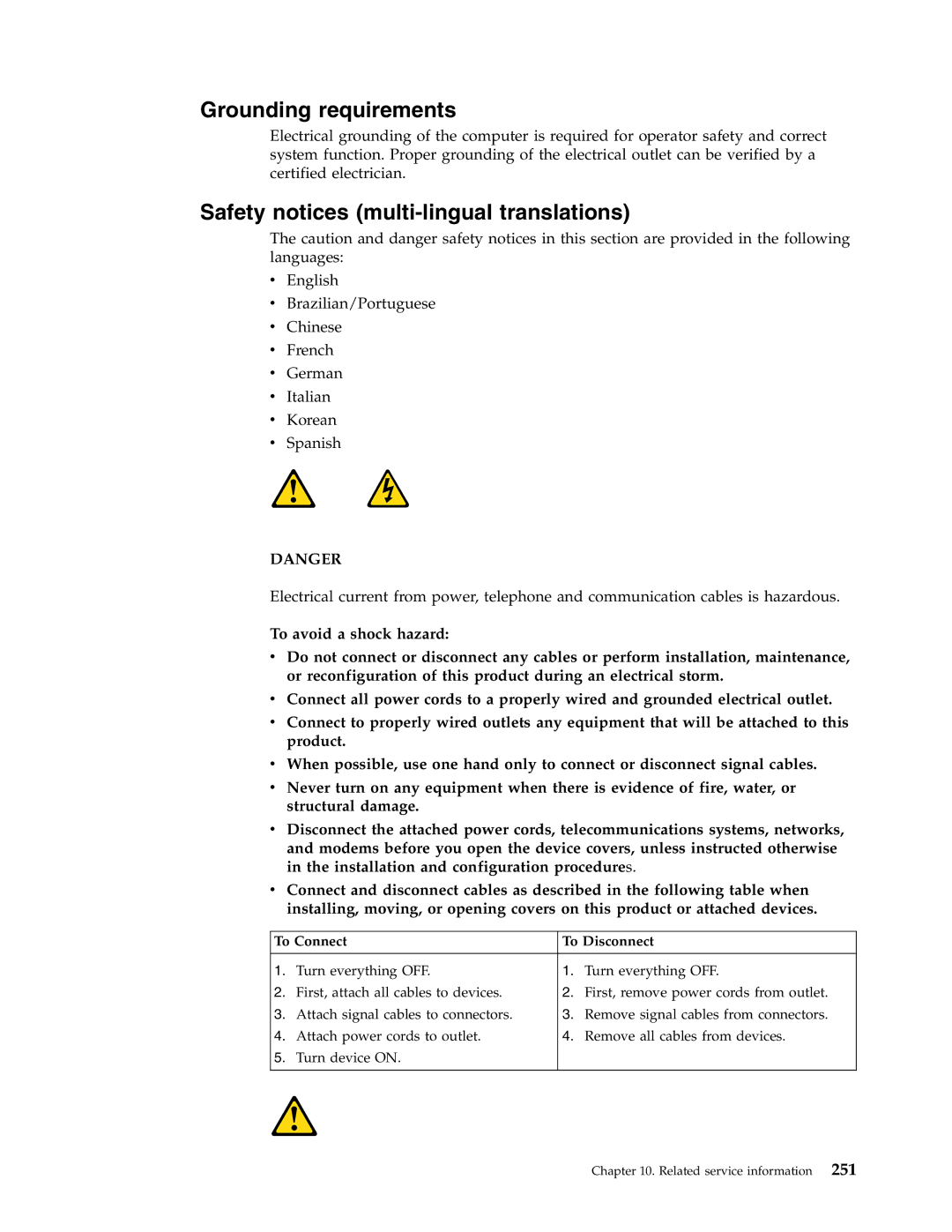 IBM 8187, 8128, 8185, 8189, 8195 Grounding requirements, Safety notices multi-lingual translations, To Connect To Disconnect 