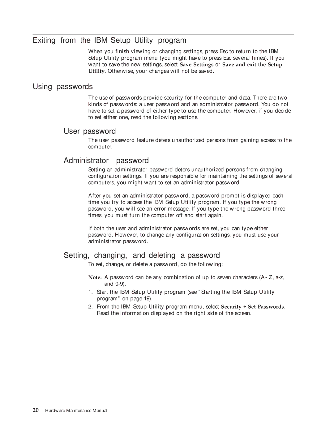 IBM 8190, 8128, 8185 Exiting from the IBM Setup Utility program, Using passwords, User password, Administrator password 