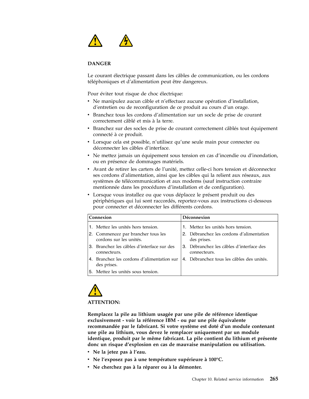 IBM 8187, 8128, 8185, 8189, 8195, 8186, 8191, 8188, 8197, 8193, 8194, 8192, 8190, 8196 manual Connexion Déconnexion 