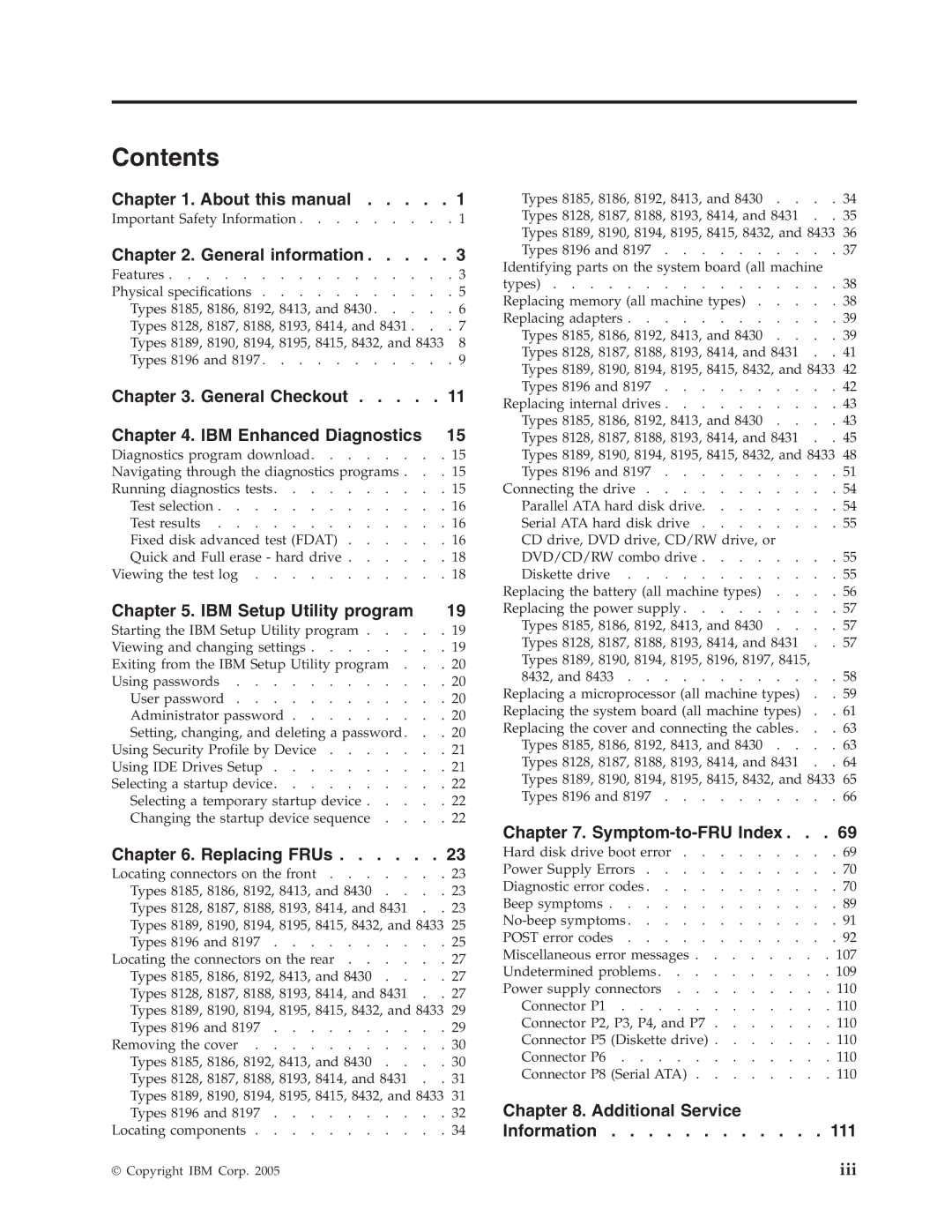 IBM 8187, 8128, 8185, 8189, 8195, 8186, 8191, 8188, 8197, 8193, 8194, 8192, 8190, 8196 manual Contents 