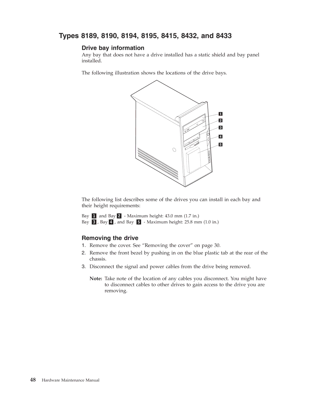 IBM 8190, 8128, 8185, 8189, 8195, 8186, 8187, 8191, 8188, 8197, 8193, 8194, 8192, 8196 manual Removing the drive 