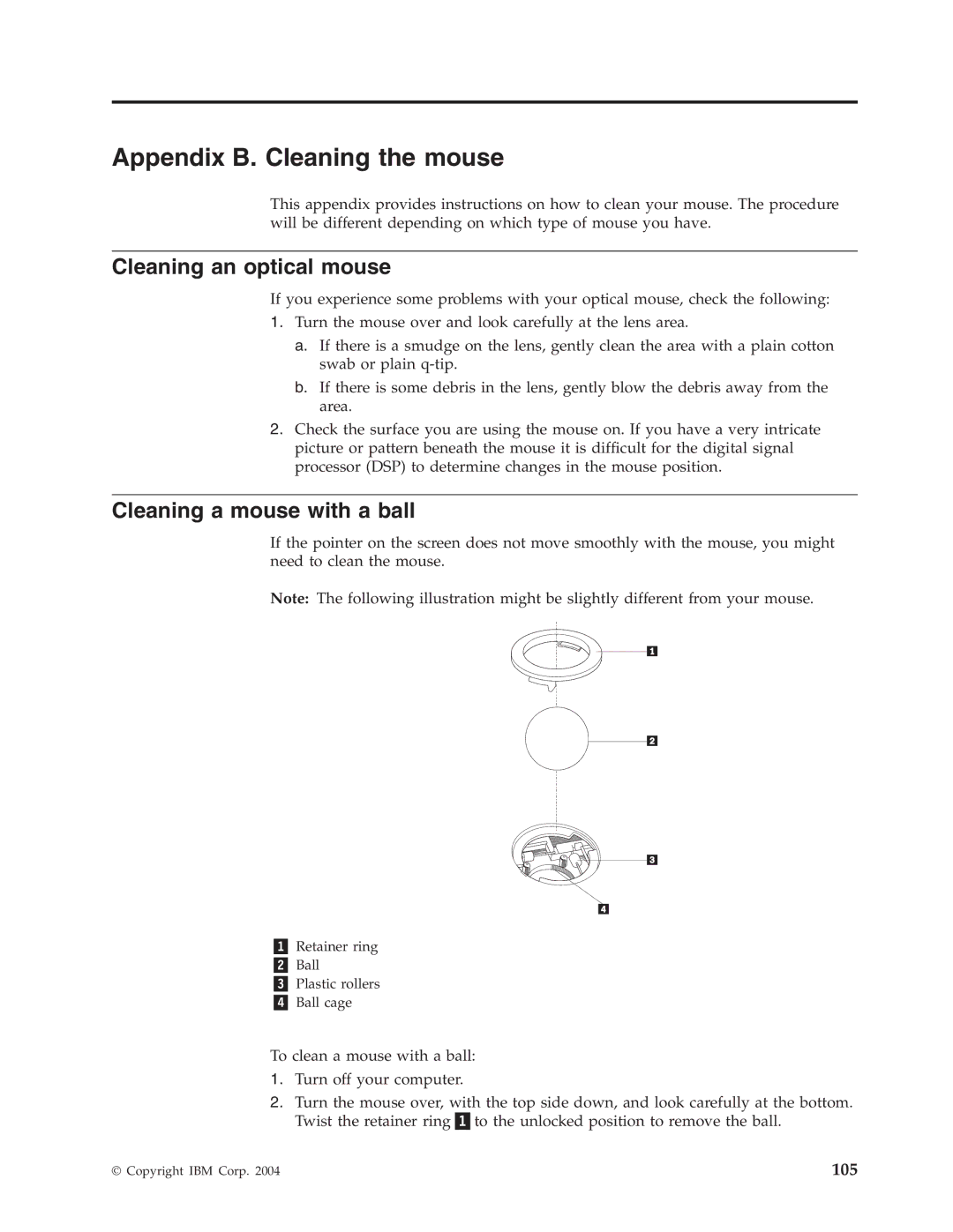 IBM 8185, 8128, 8413, 8414, 8189, 8195 Appendix B. Cleaning the mouse, Cleaning an optical mouse, Cleaning a mouse with a ball 