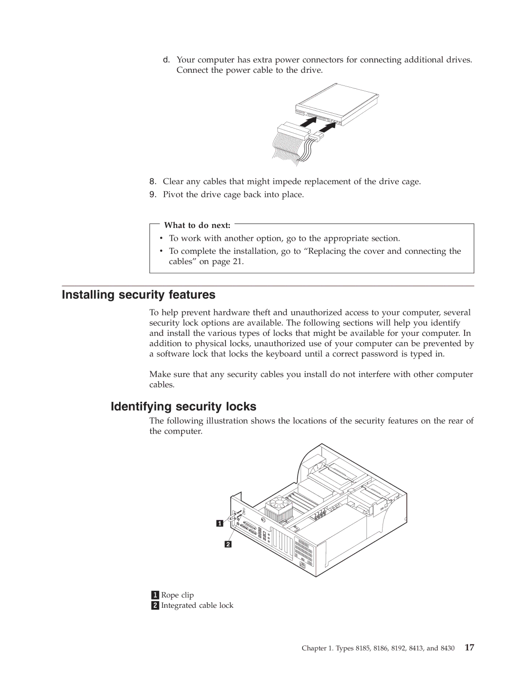 IBM 8414, 8128, 8185, 8413, 8189, 8195, 8186, 8187, 8188, 8197, 8193, 8194 Installing security features, Identifying security locks 