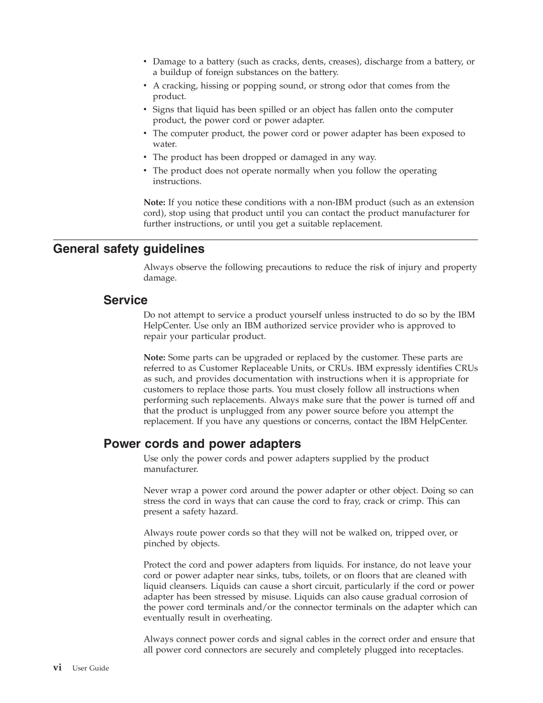 IBM 8188, 8128, 8185, 8413, 8414, 8189, 8195, 8186, 8187, 8197 General safety guidelines, Service, Power cords and power adapters 