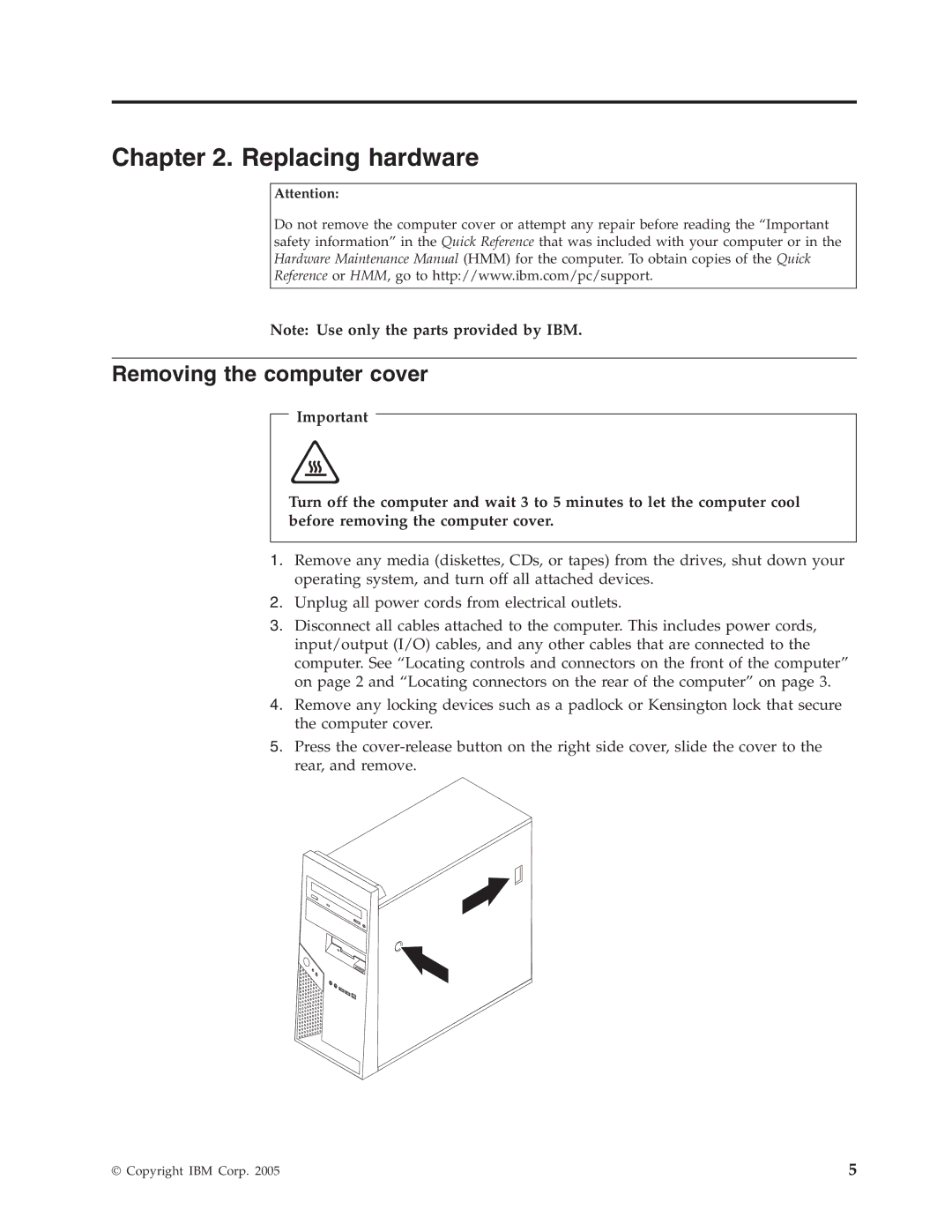 IBM 8131, 8138, 8123, 8137, 8124, 8122 manual Replacing hardware, Removing the computer cover 