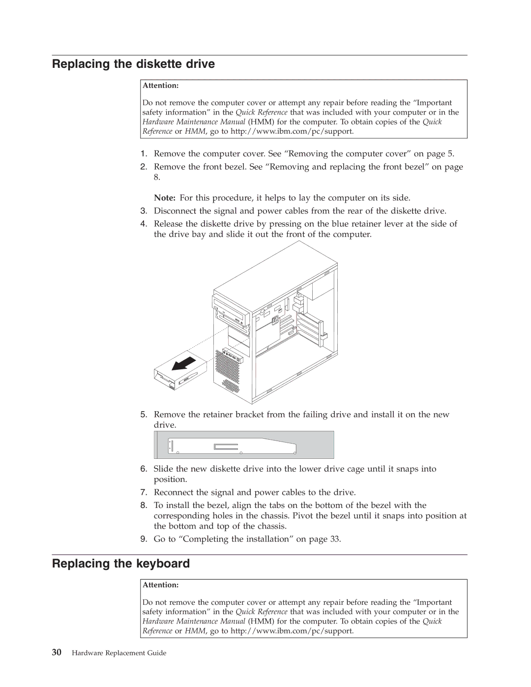 IBM 8123, 8138, 8131, 8137, 8124, 8122 manual Replacing the diskette drive, Replacing the keyboard 