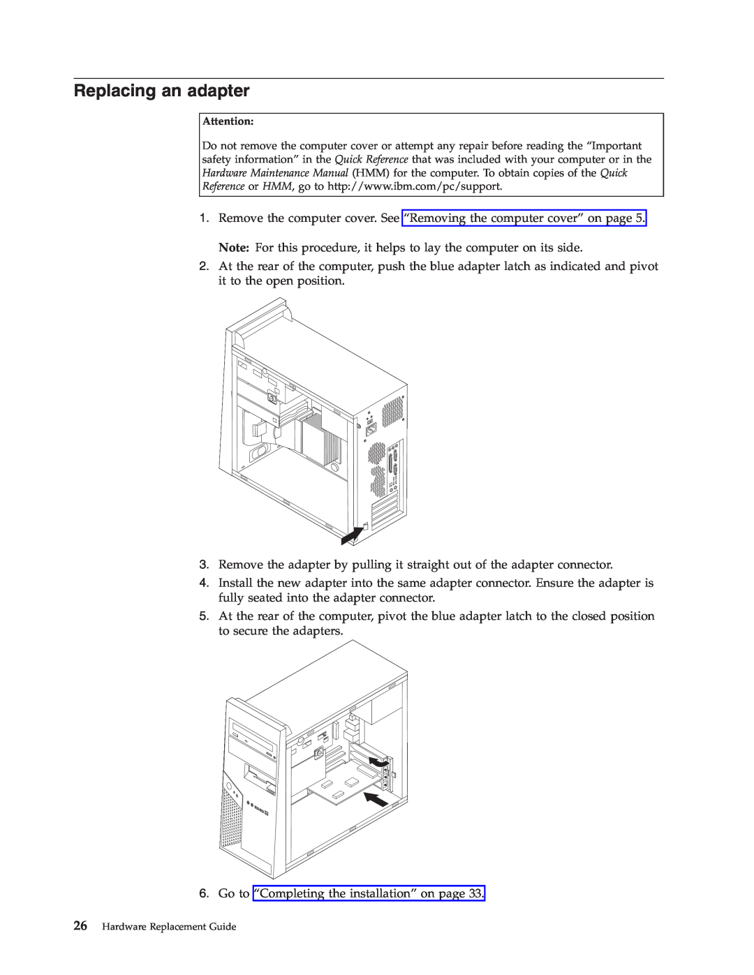 IBM 8124, 8138, 8131, 8123, 8137, 8122 manual Replacing an adapter, Hardware Replacement Guide 