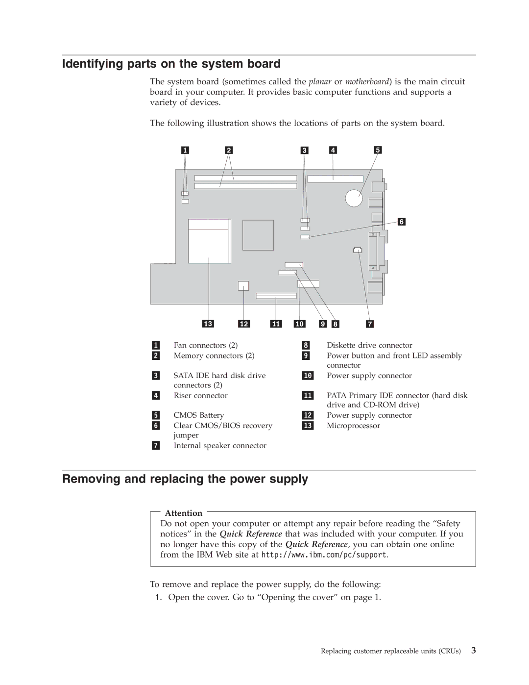 IBM 8424, 8171, 8428, 8425, 8173 manual Identifying parts on the system board, Removing and replacing the power supply 