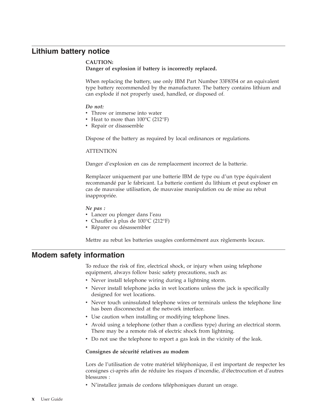 IBM 8183 manual Lithium battery notice, Modem safety information 