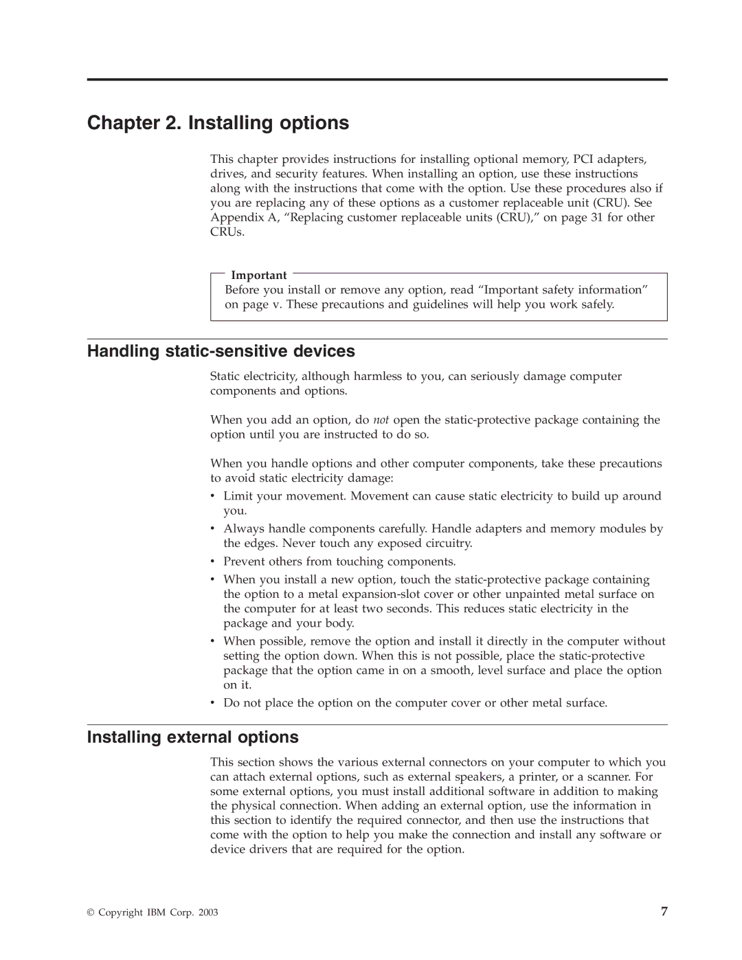 IBM 8183 manual Installing options, Handling static-sensitive devices, Installing external options 