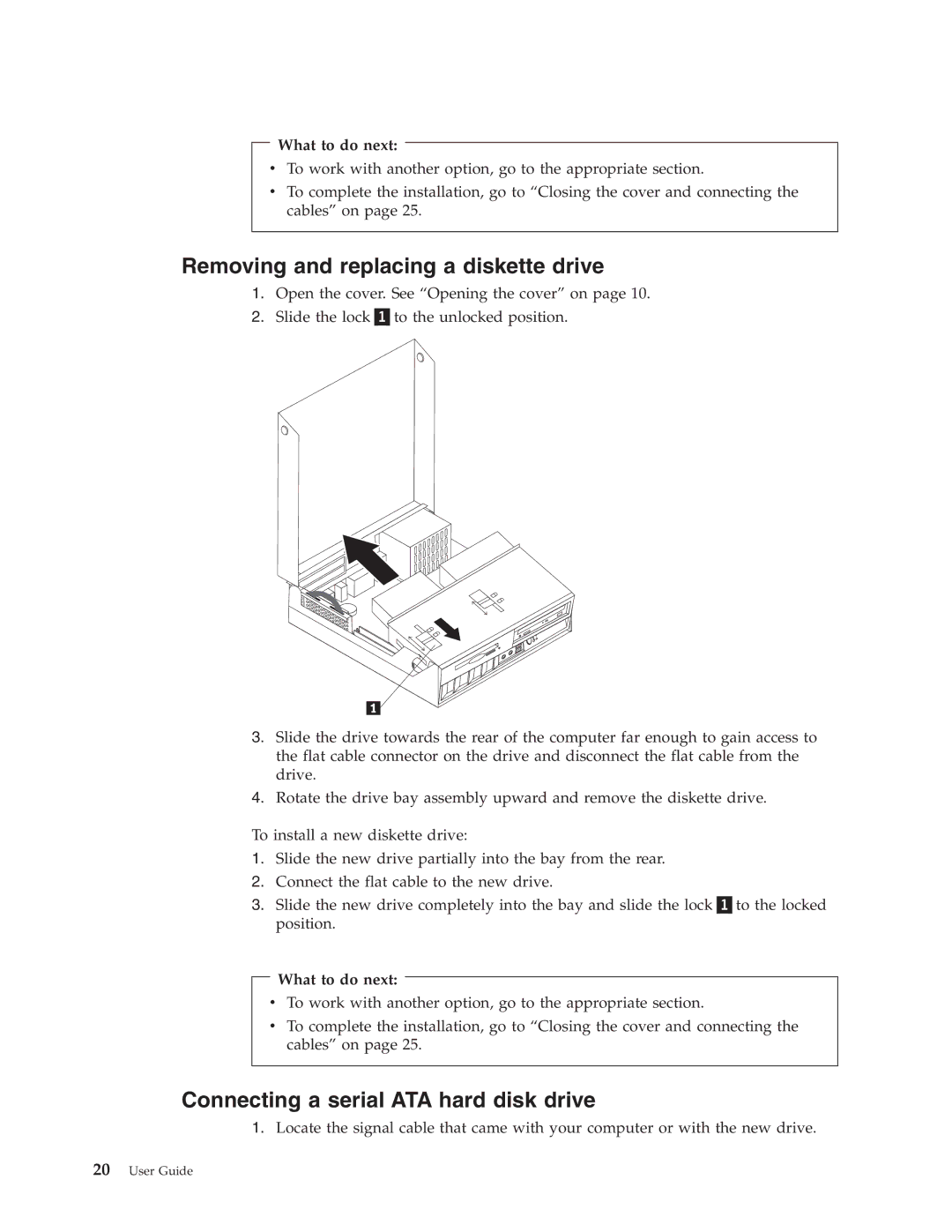 IBM 8183 manual Removing and replacing a diskette drive, Connecting a serial ATA hard disk drive 